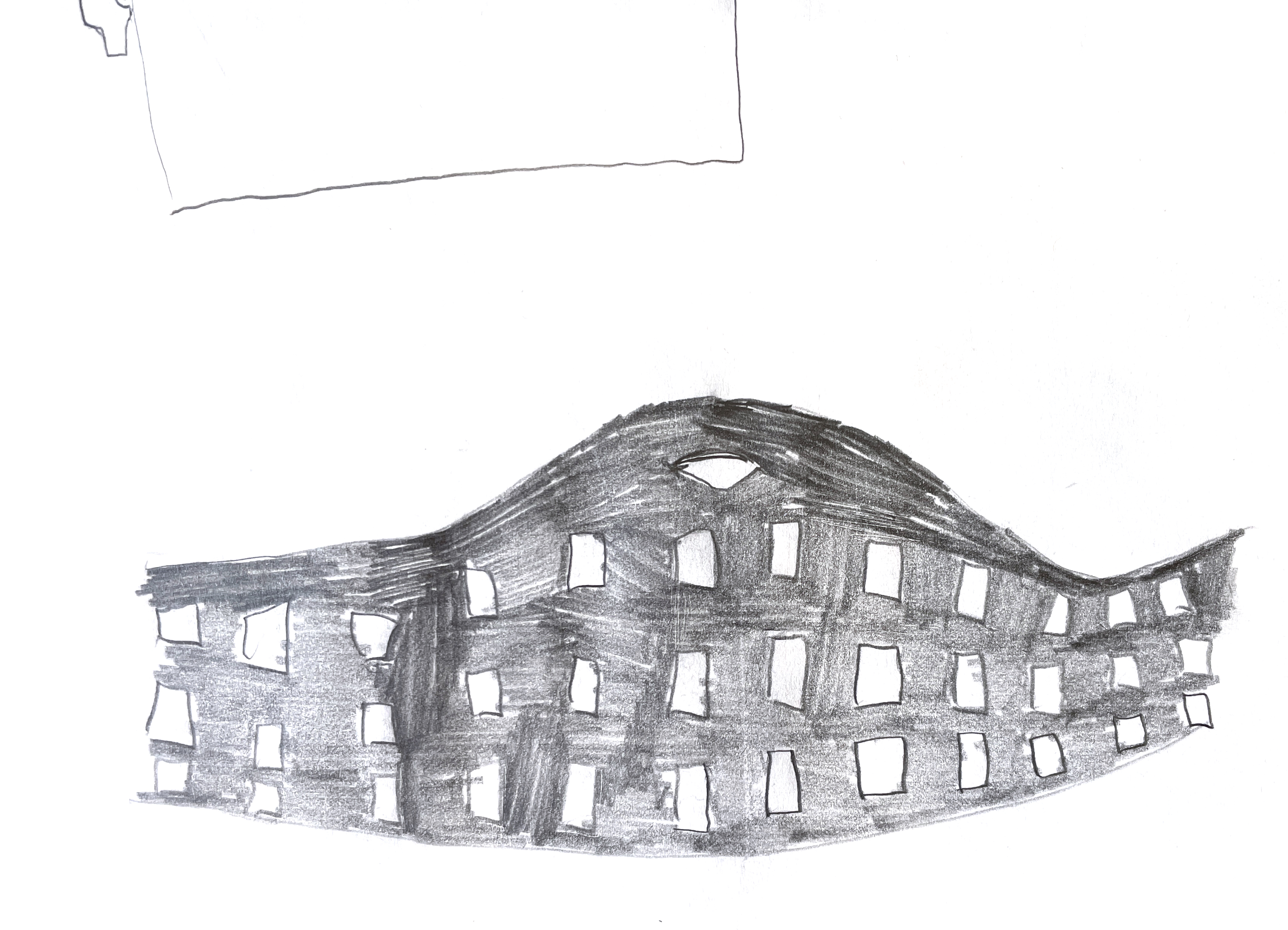 pencil drawing of apartment building with swooping form