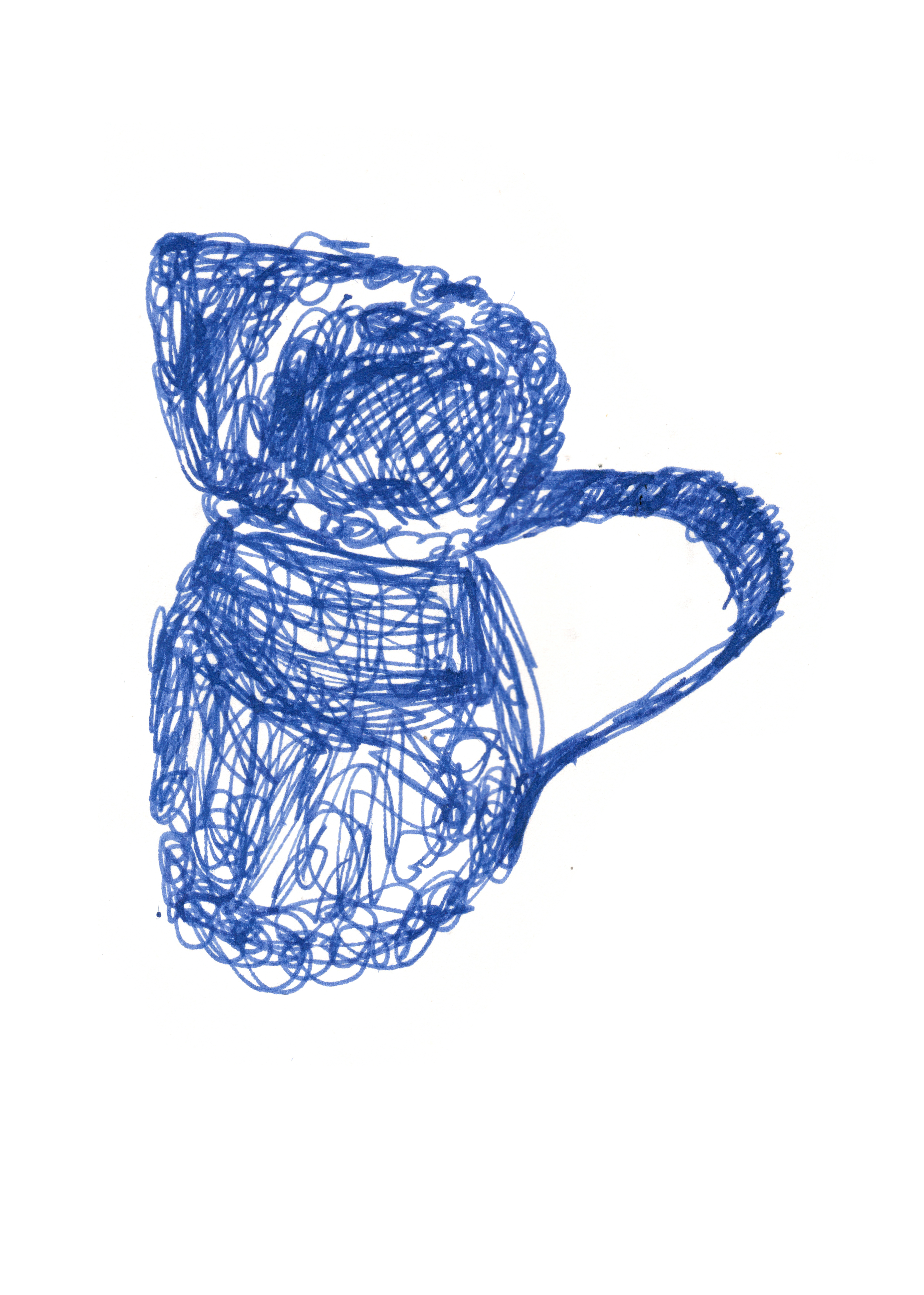 pen drawing in blue of a small watcher pitcher with its handle pointing to the right 