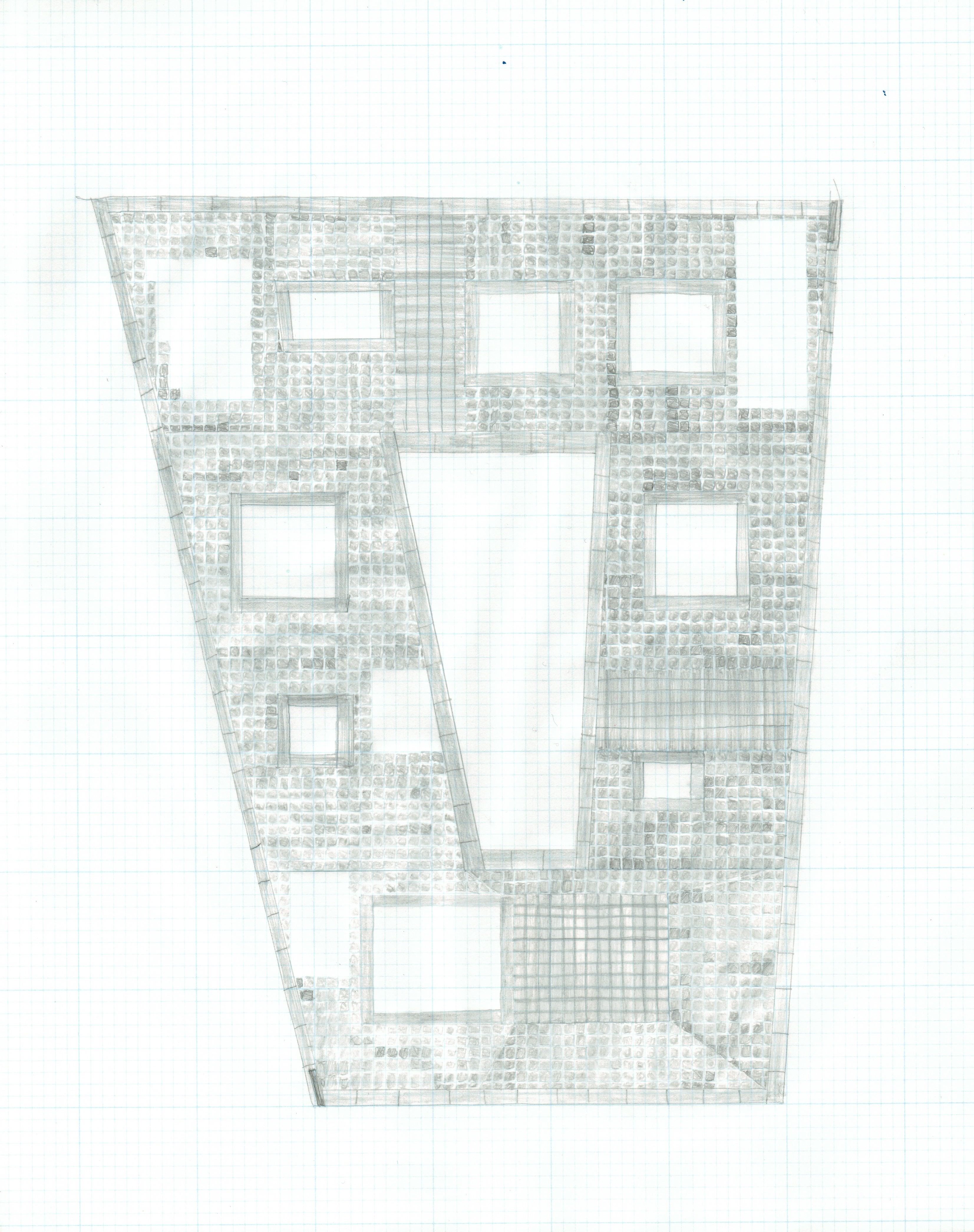 plan drawing in pencil of a city-square, with little grid of floor tiles