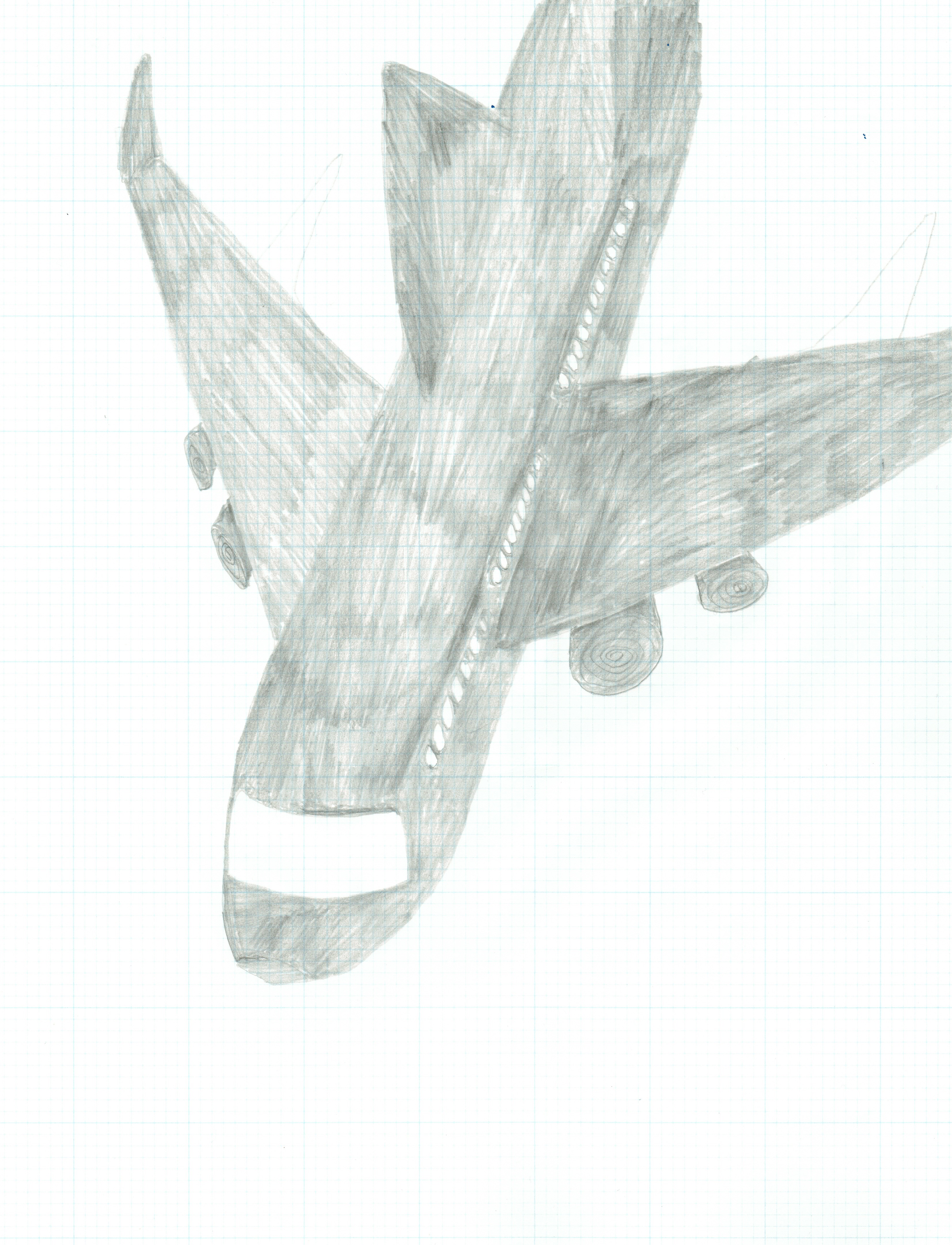 pencil drawing of airplane flying towards bottom left of page