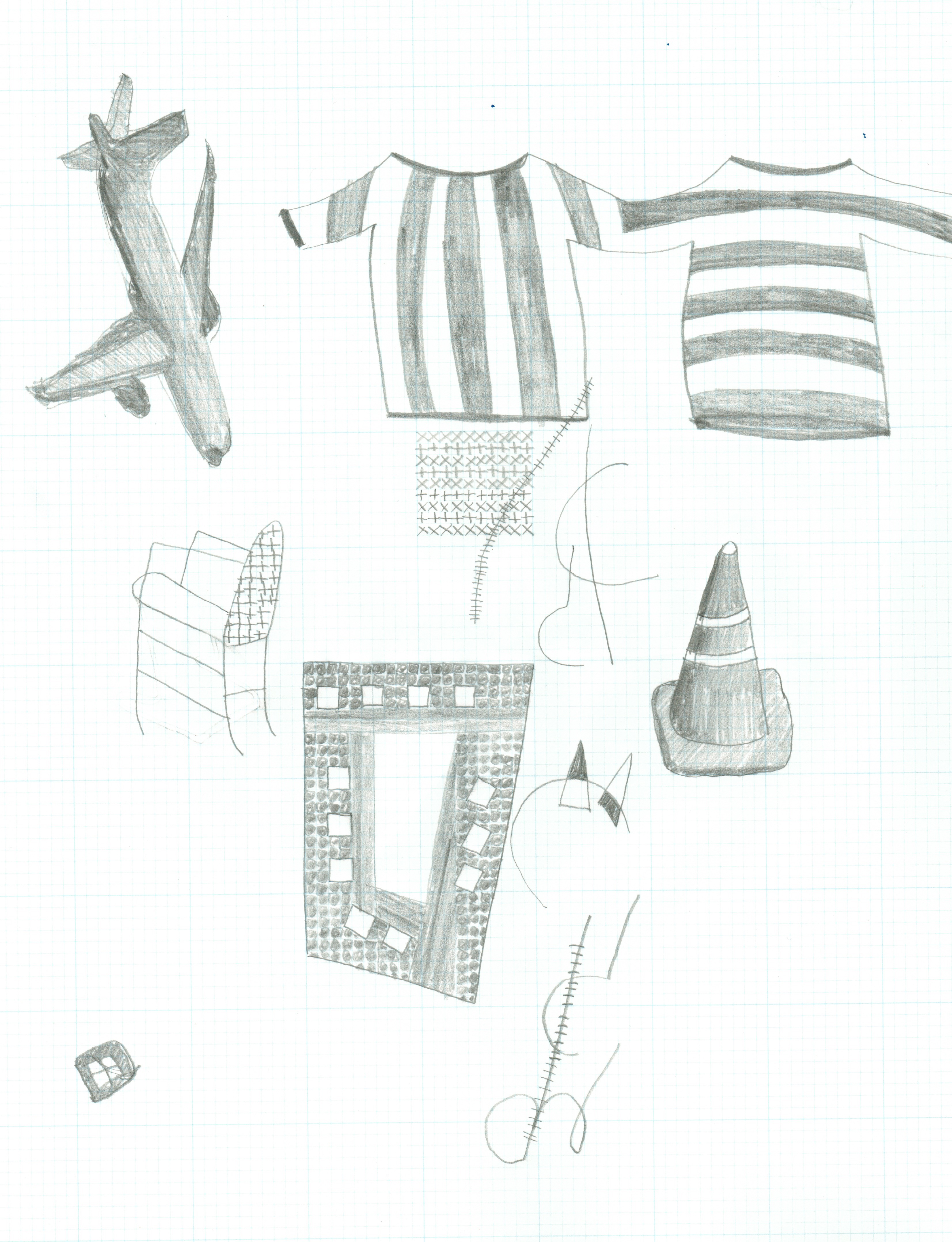 scattered sketches of t-shirts, airplanes, parking cones, chair, and city-square