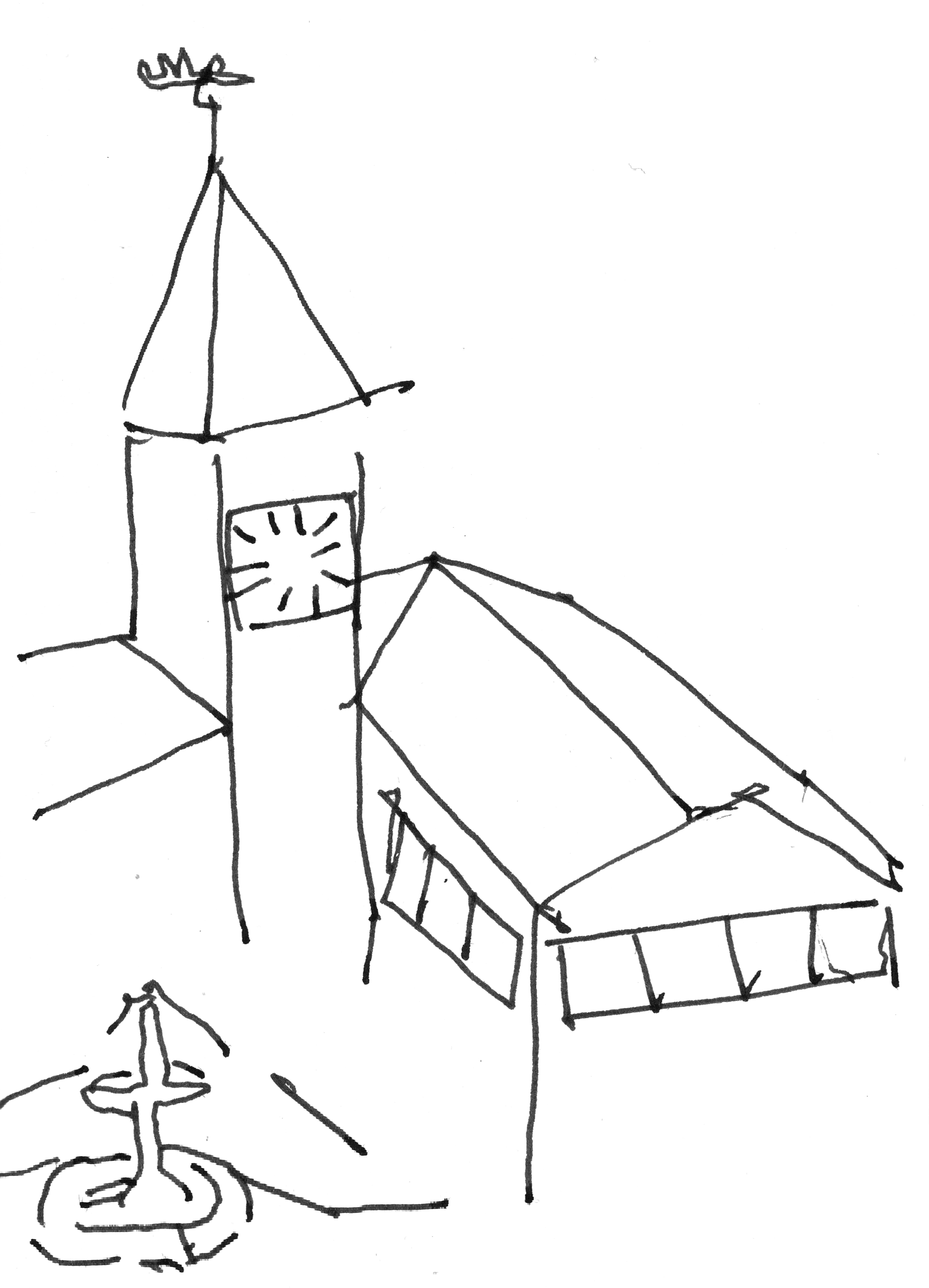 pen drawing of a clock-tower adjacent to a shorter building and a small fountain