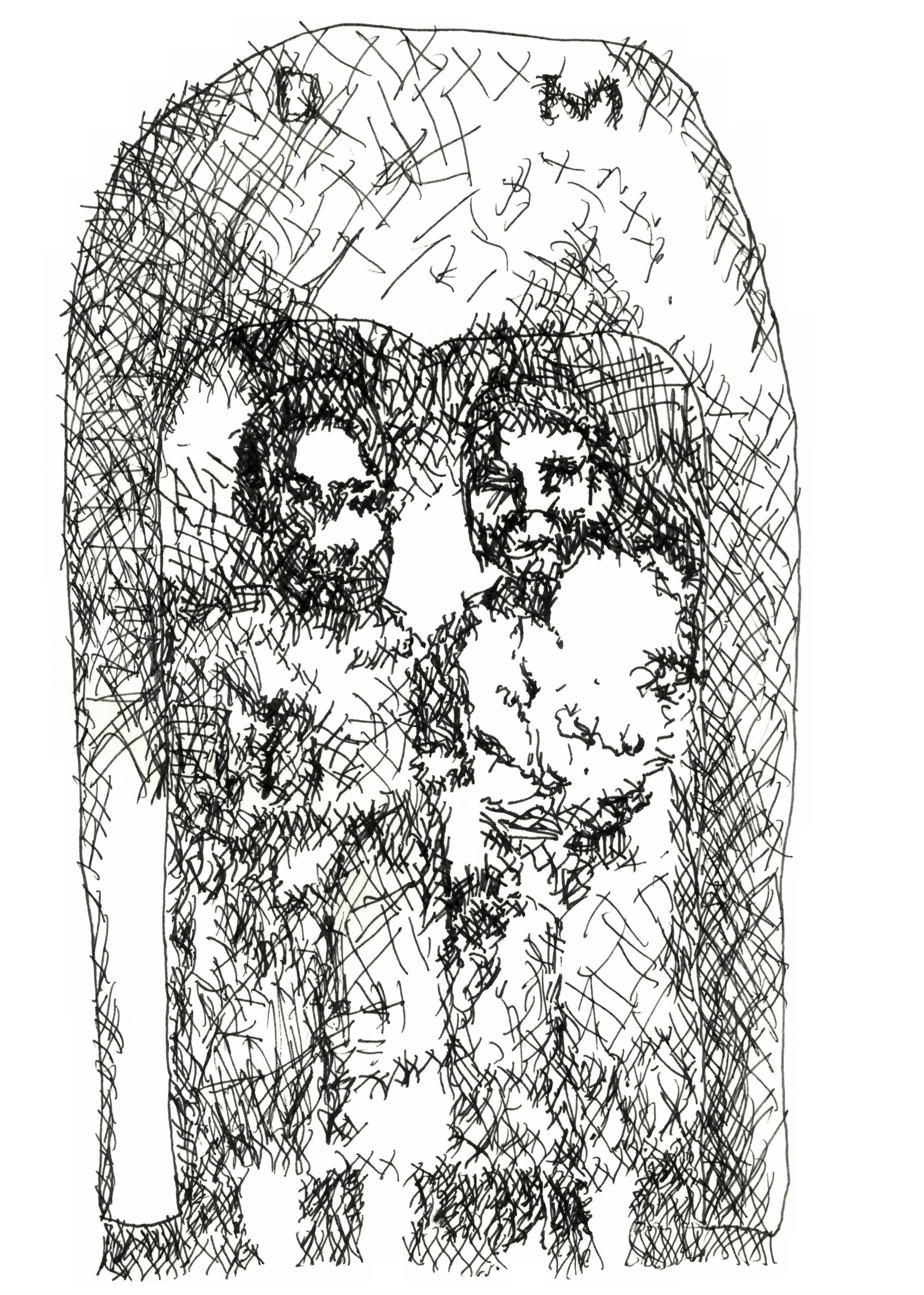 pen drawing of two figures standing side by side with heavy cross-hatching