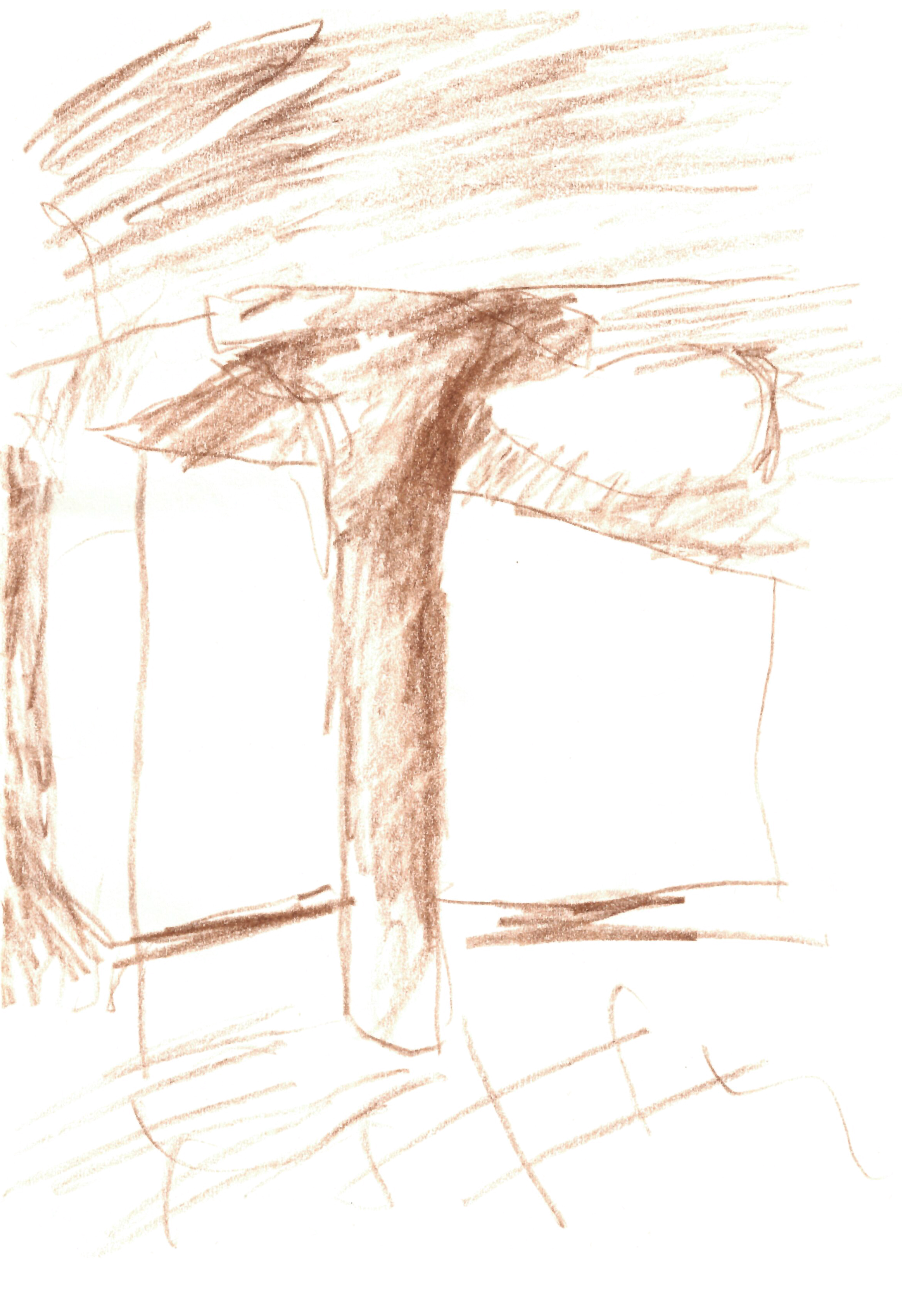 drawing with brown colored-pencil of a mushroom-capital column in the middle of a room