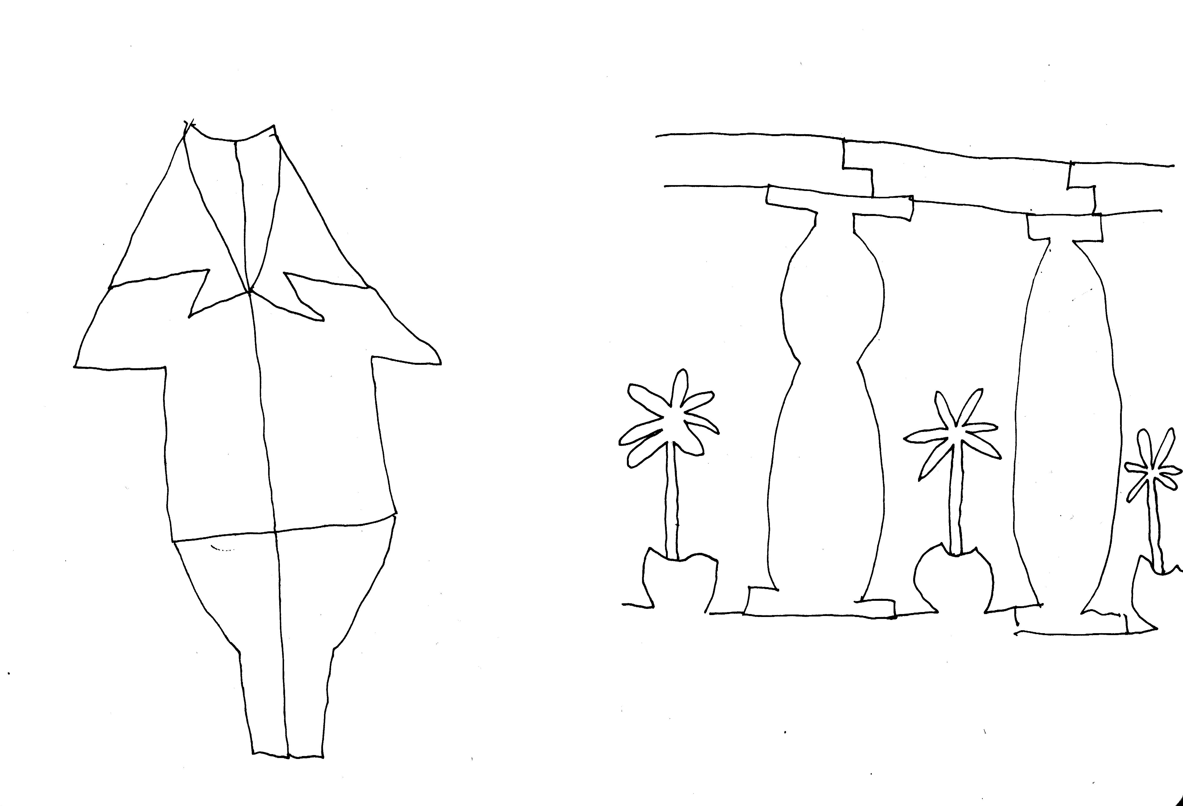 pen drawing of suit without a person and a loggia with plants
