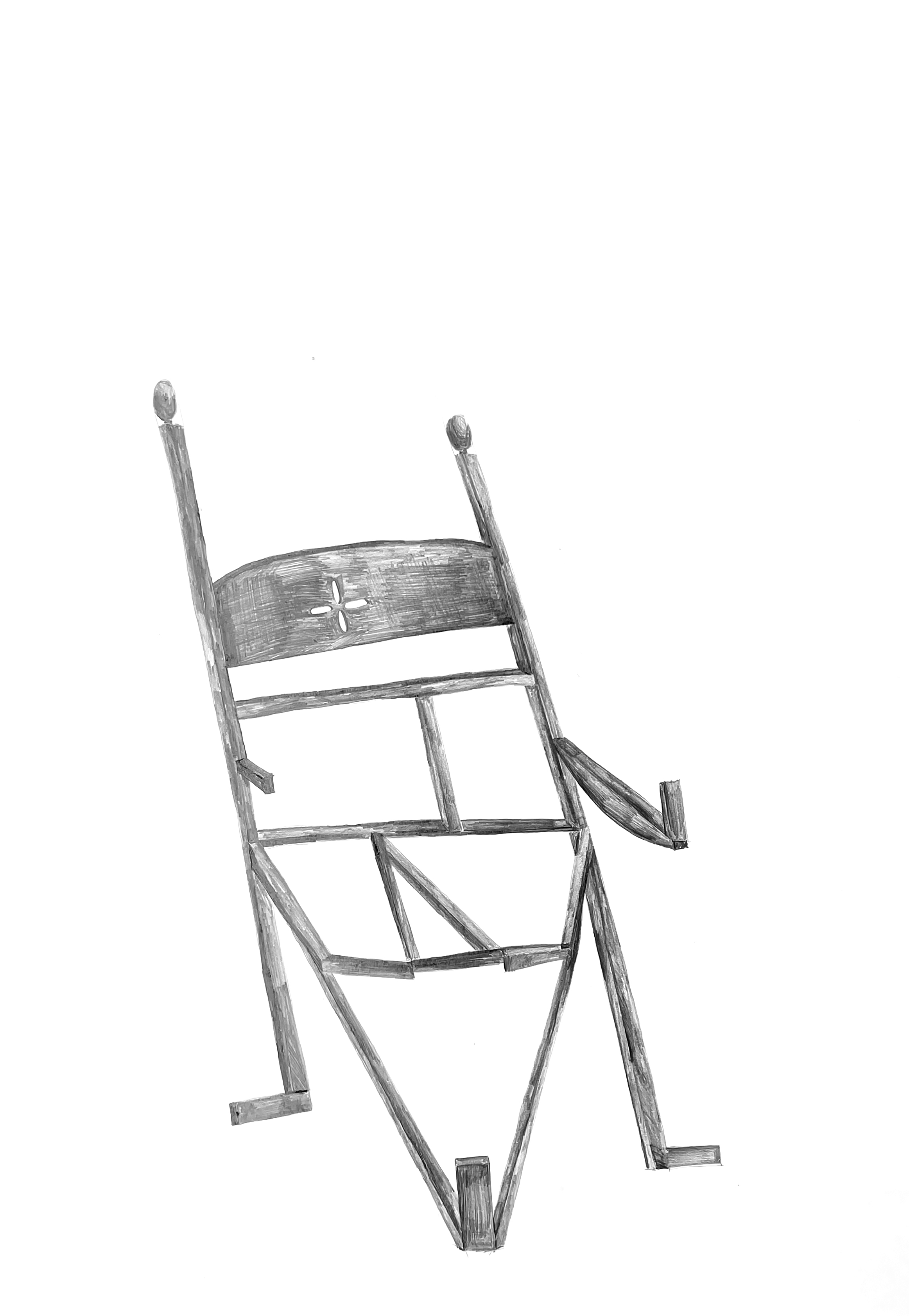 pencil drawing of a chair with three legs and no seat