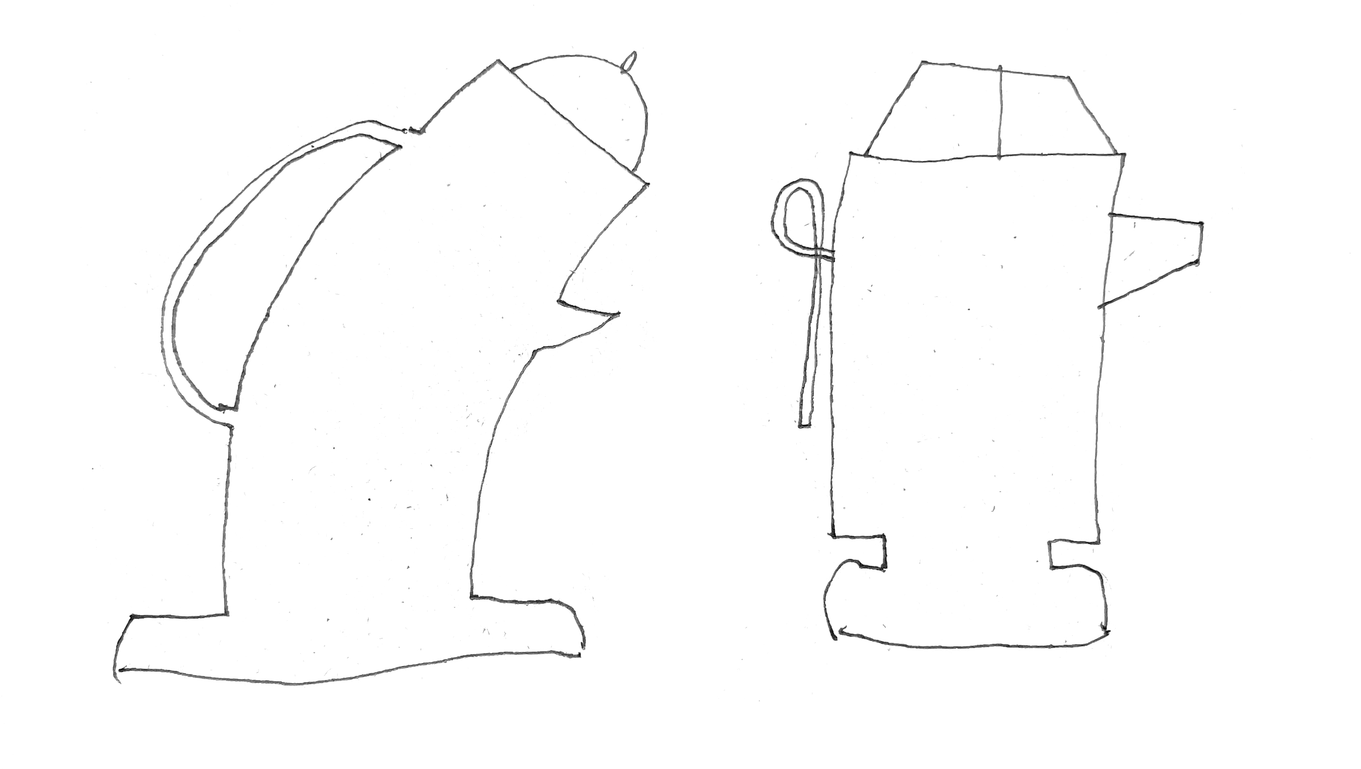 pencil drawings of two teapots, one bending towards the other