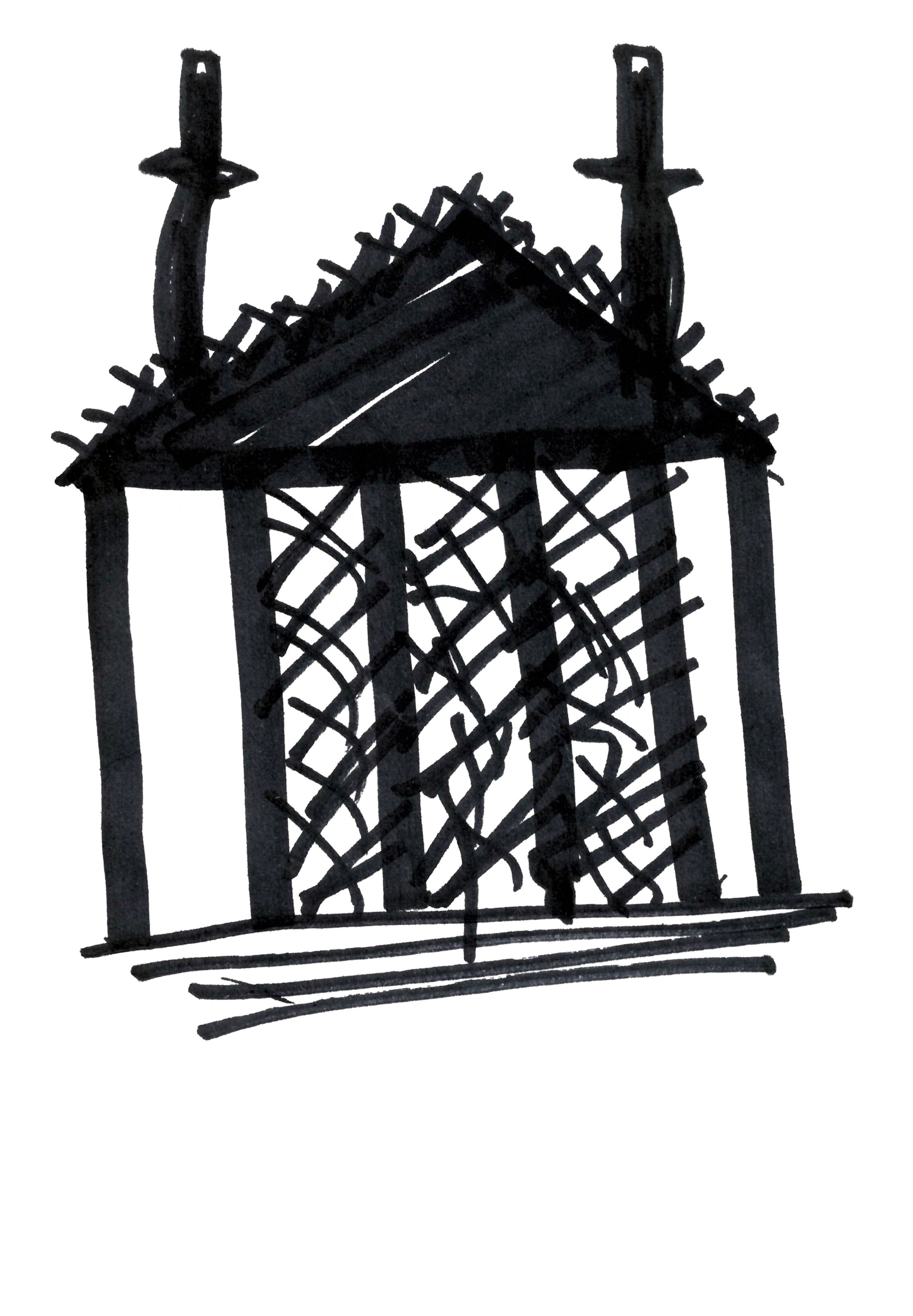 drawing with heavy black marker of a temple facade with two smokestacks