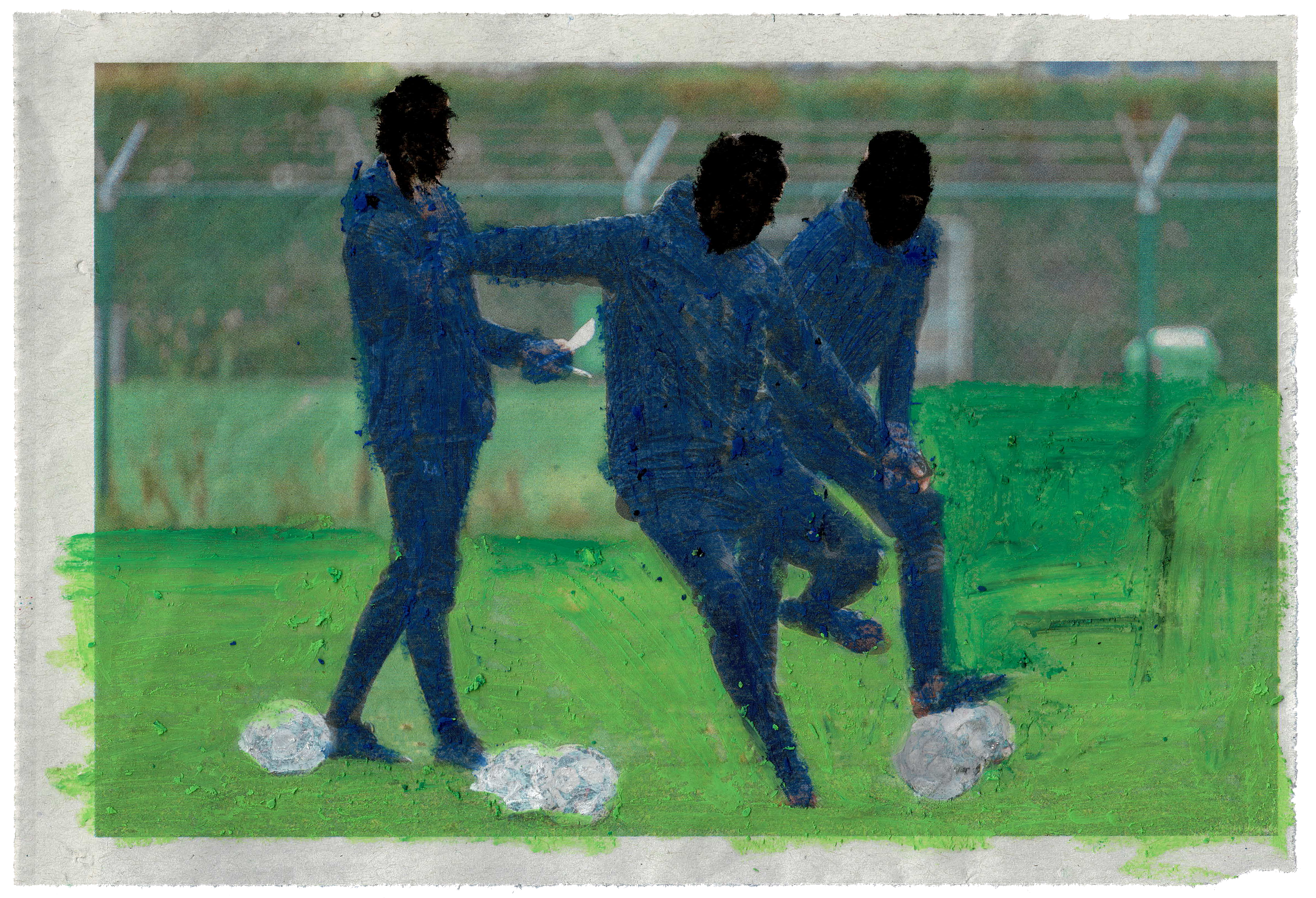 a newspaper photo of three soccer players, with one kicking a ball. the photo is colored over with oil pastels matching the original image