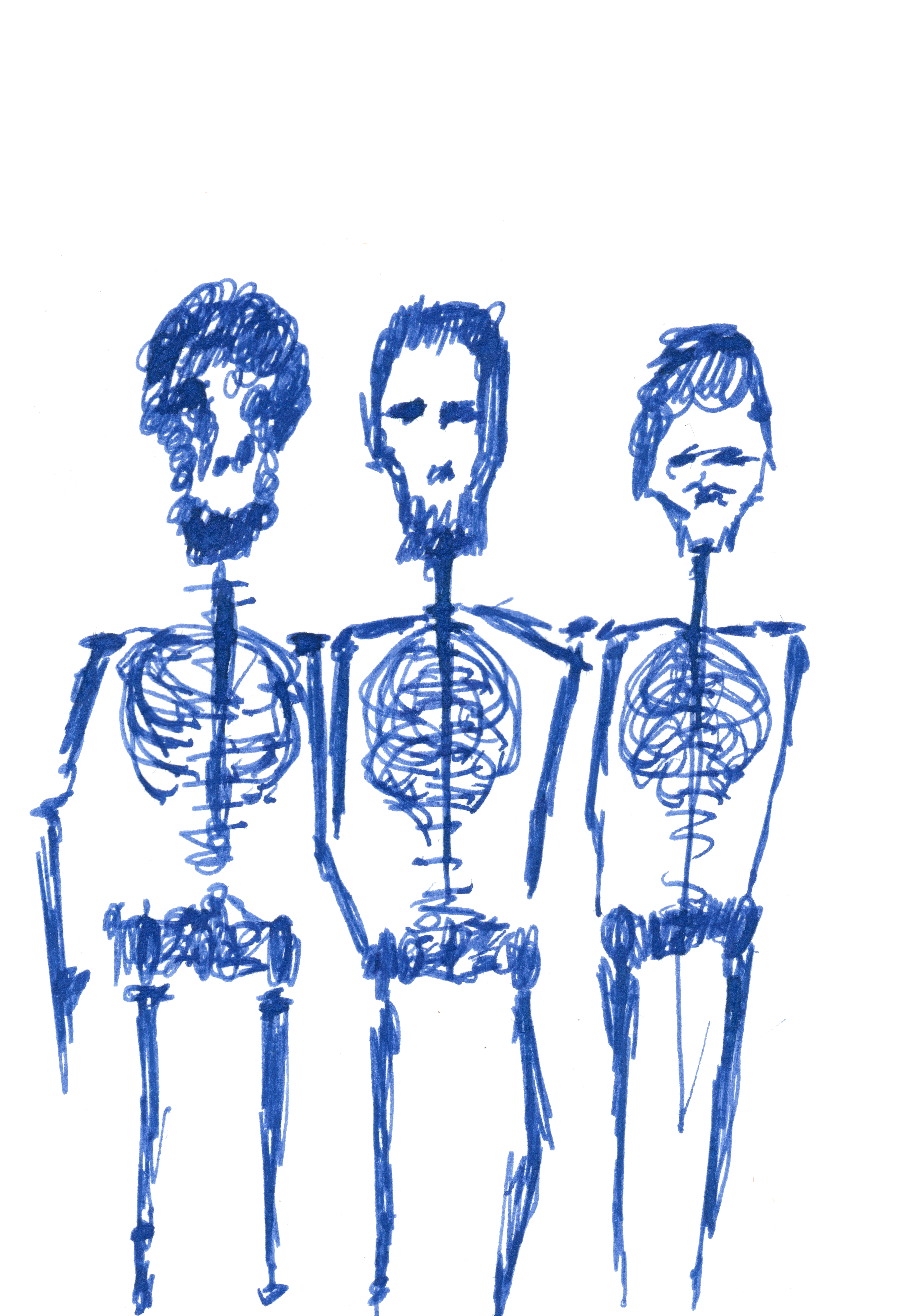 pen drawing in blue of three skeletons standing up shoulder to shoulder