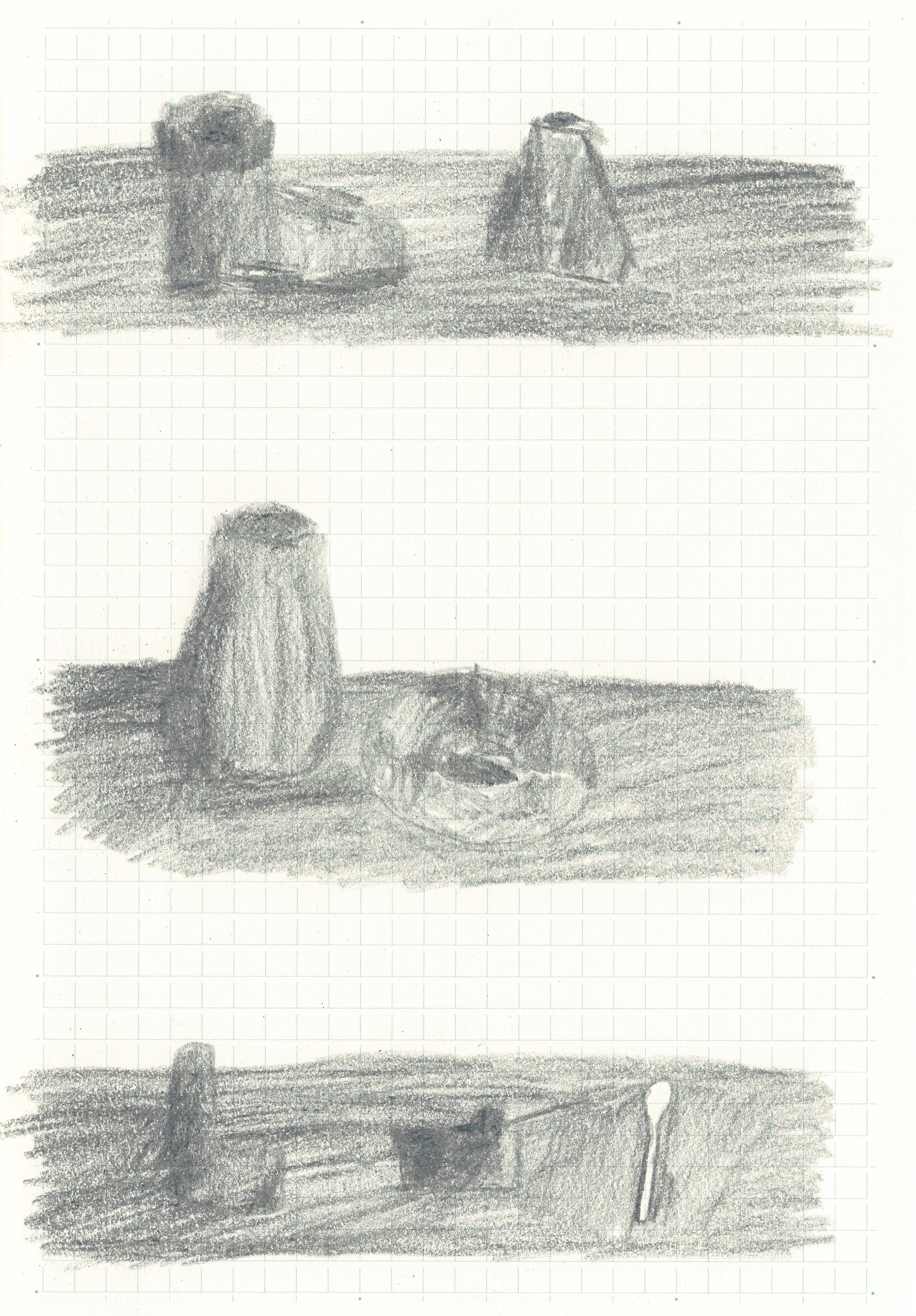 three small still-life sketches in pencil float on a page, one with a boot and a metronome, one with a vase and a plate, and one of two mysterious objects and a spoon