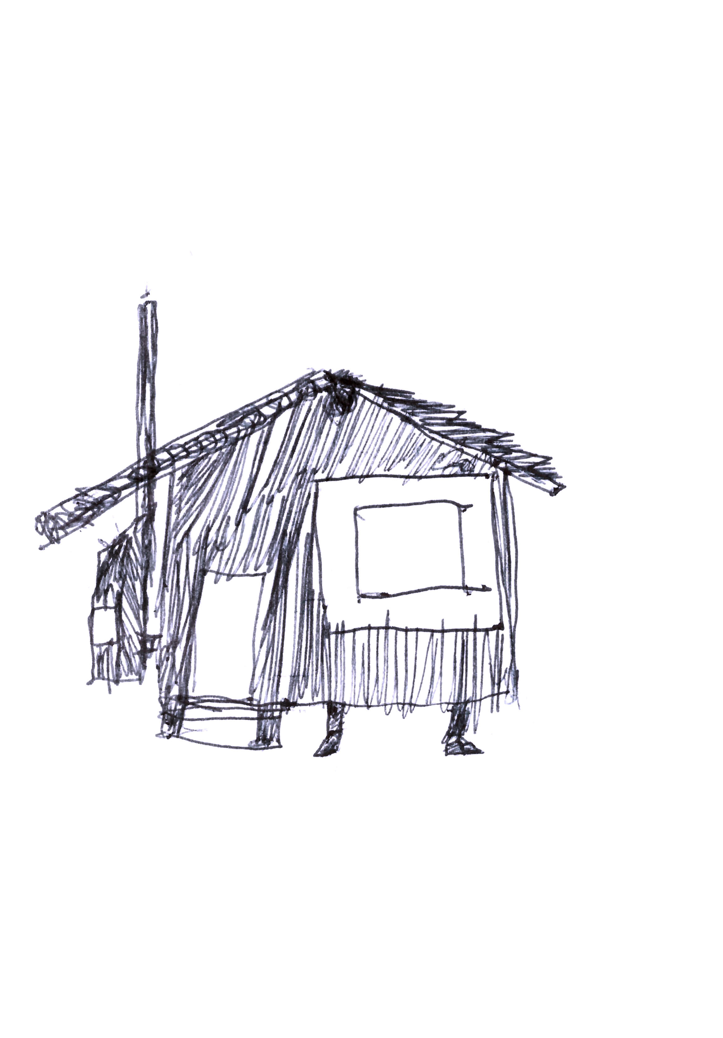 pen drawing in black of a small hut with a large window and oversized frame, an external wood oven, and two small legs coming out beneath the foundation