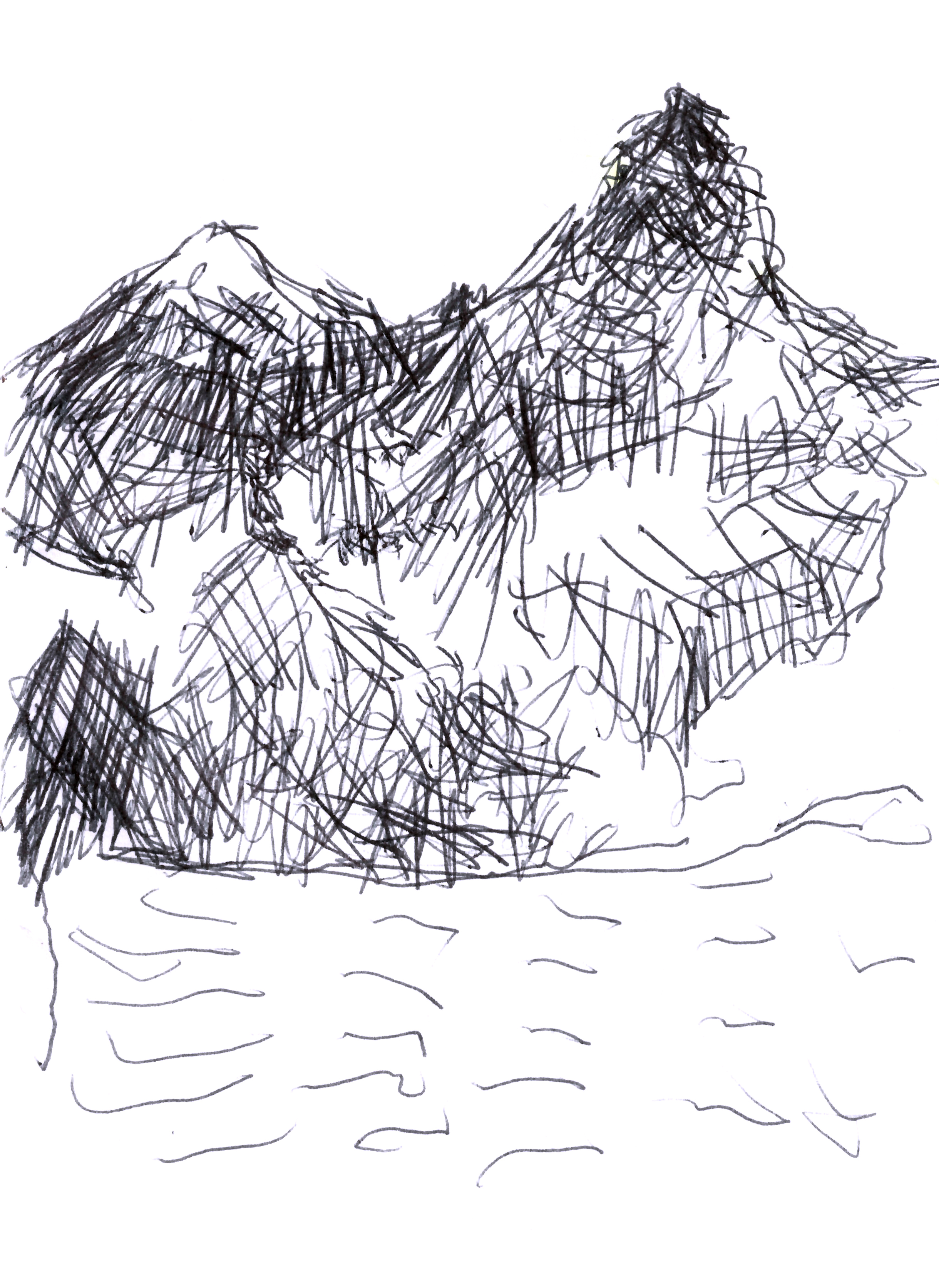 pen drawing in black of a mountain range and small strokes of a river at the bottom of the page