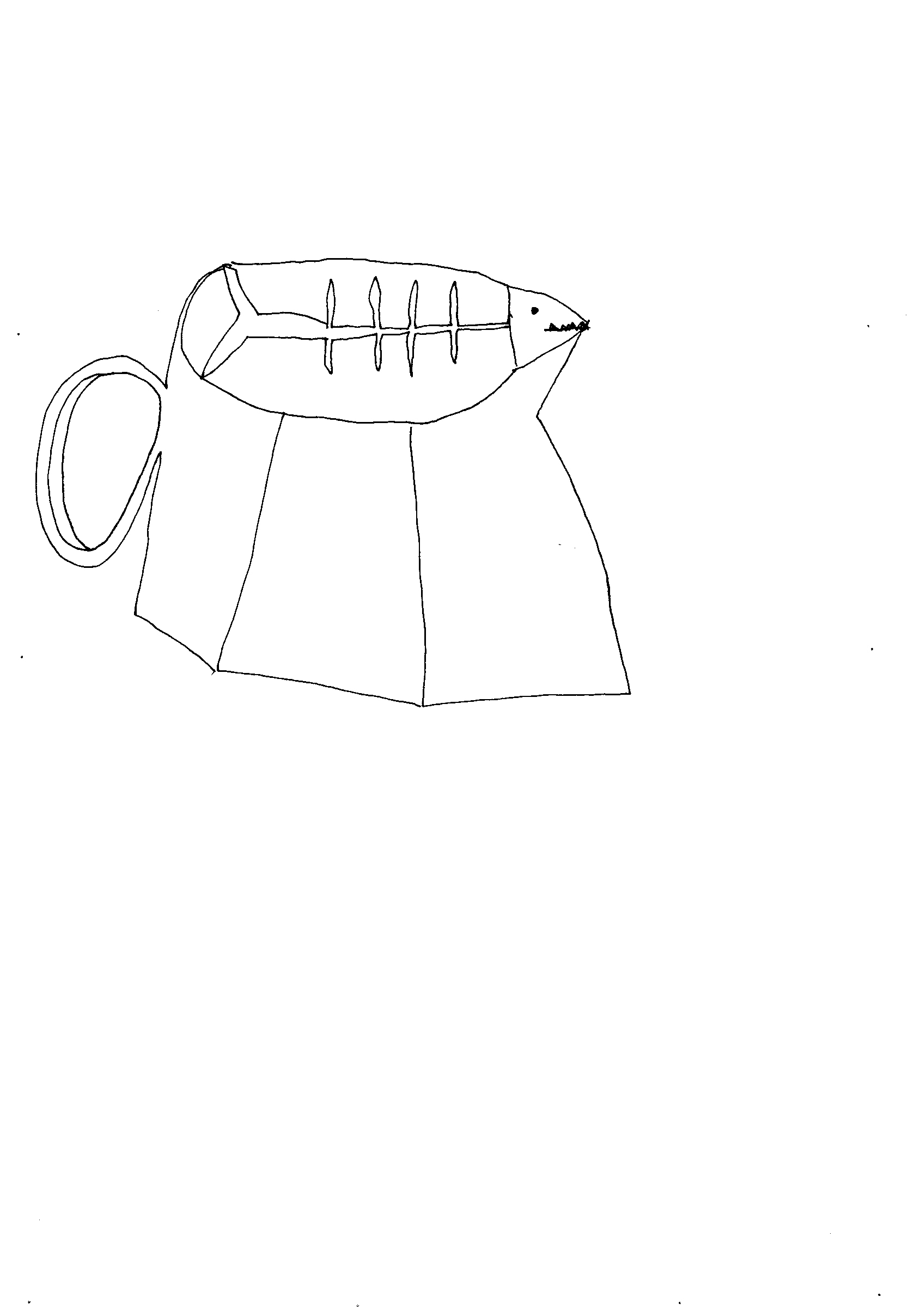 line drawing in black on white of a fish-skeleton in the rim of a small pitcher