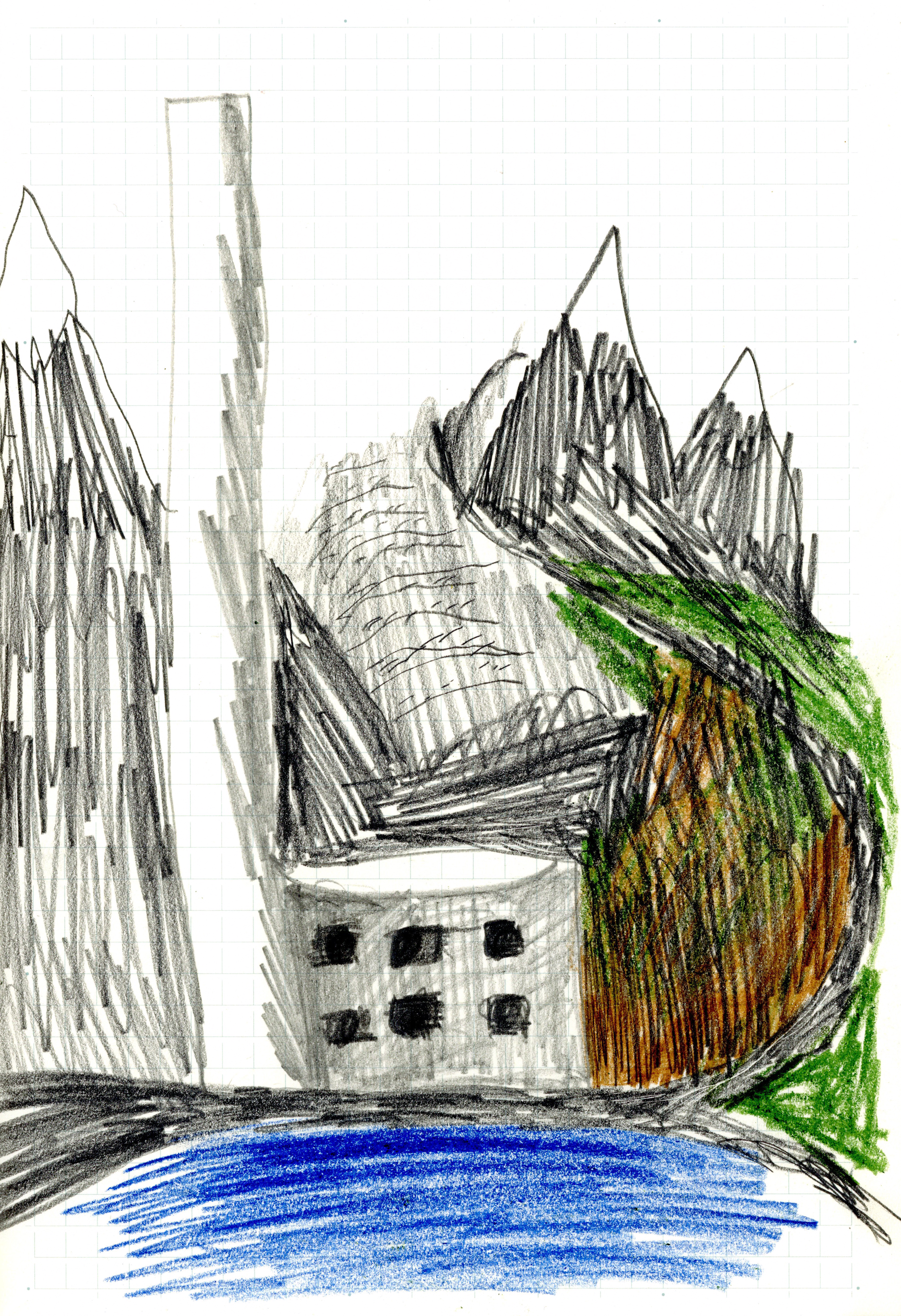 colored pencil drawing of a house on a lake with a huge tower on the left, with winding roads and mountains moving backwards