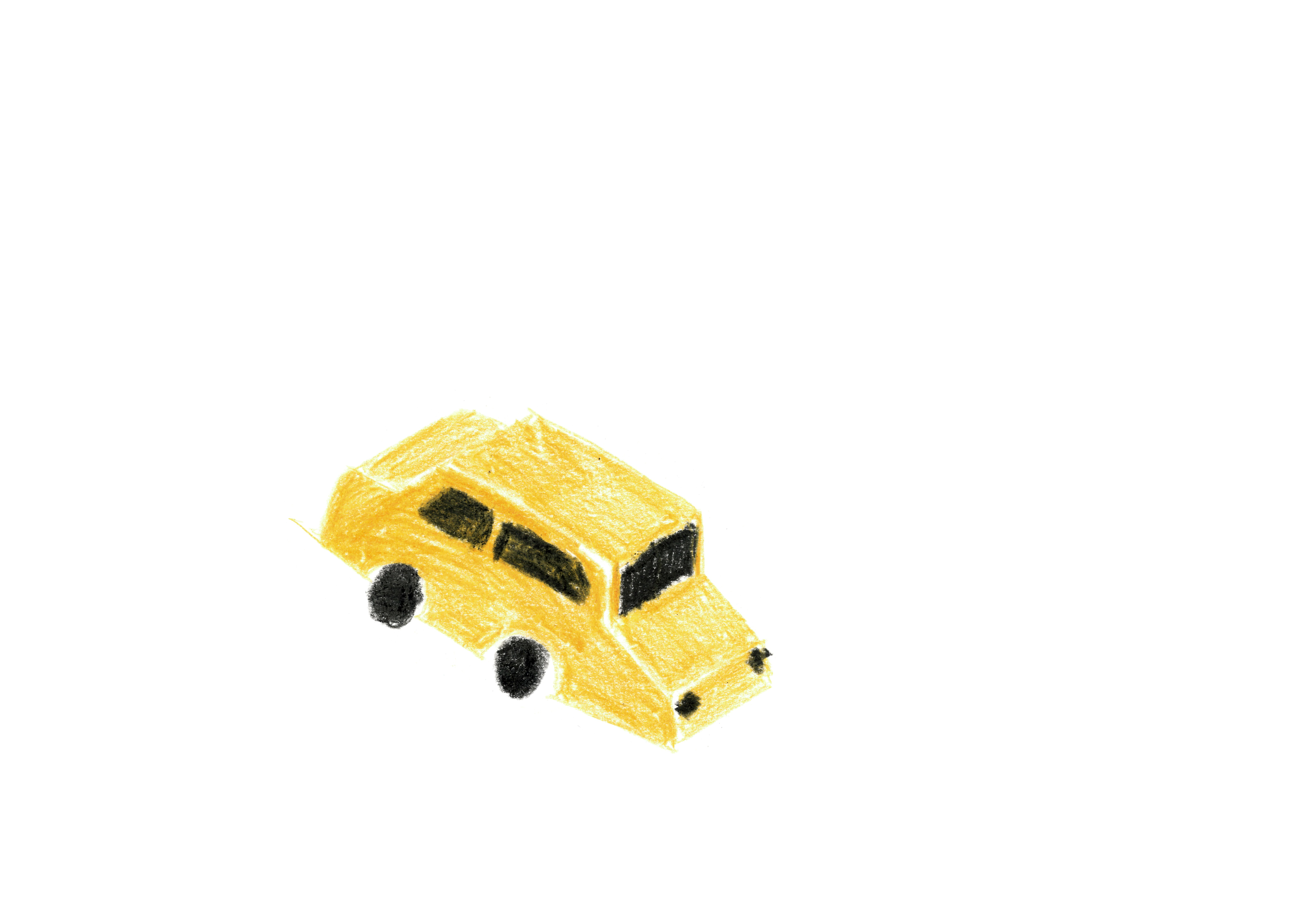 a colored pencil drawing of a yellow car with black windows and wheels, its front facing the bottom right corner of the page