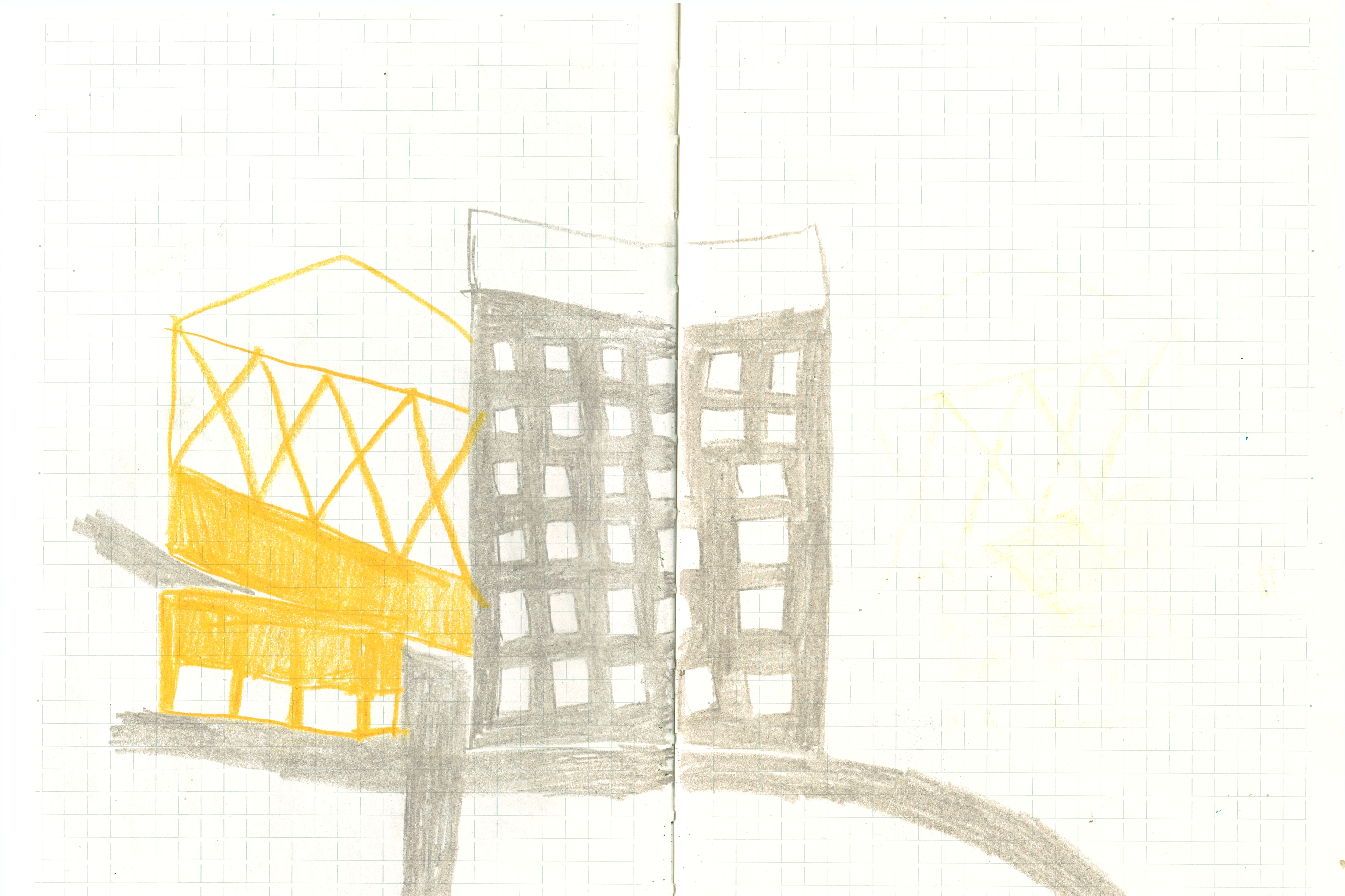 two buildings, one drawn in yellow and one in grey with a road moving across the page and between the two