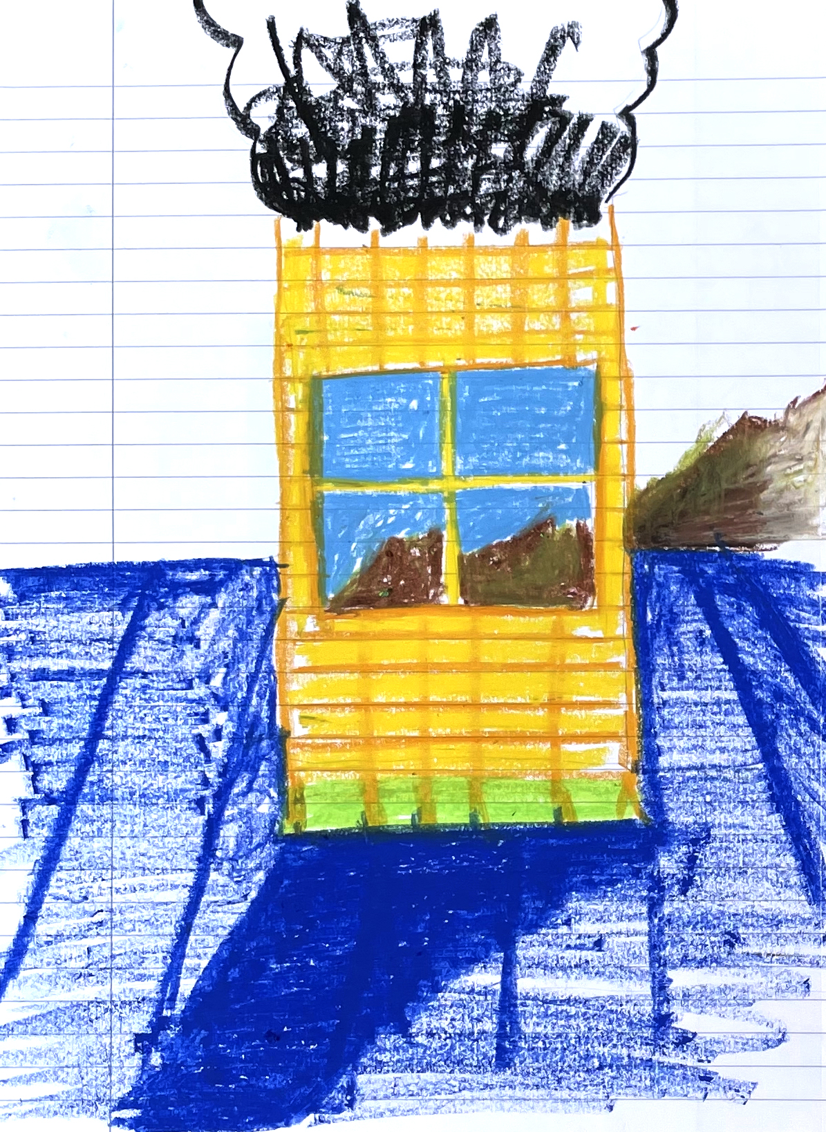 chimey with a window rendered in pastel, where you can see the mountain in the background coming through the panes
