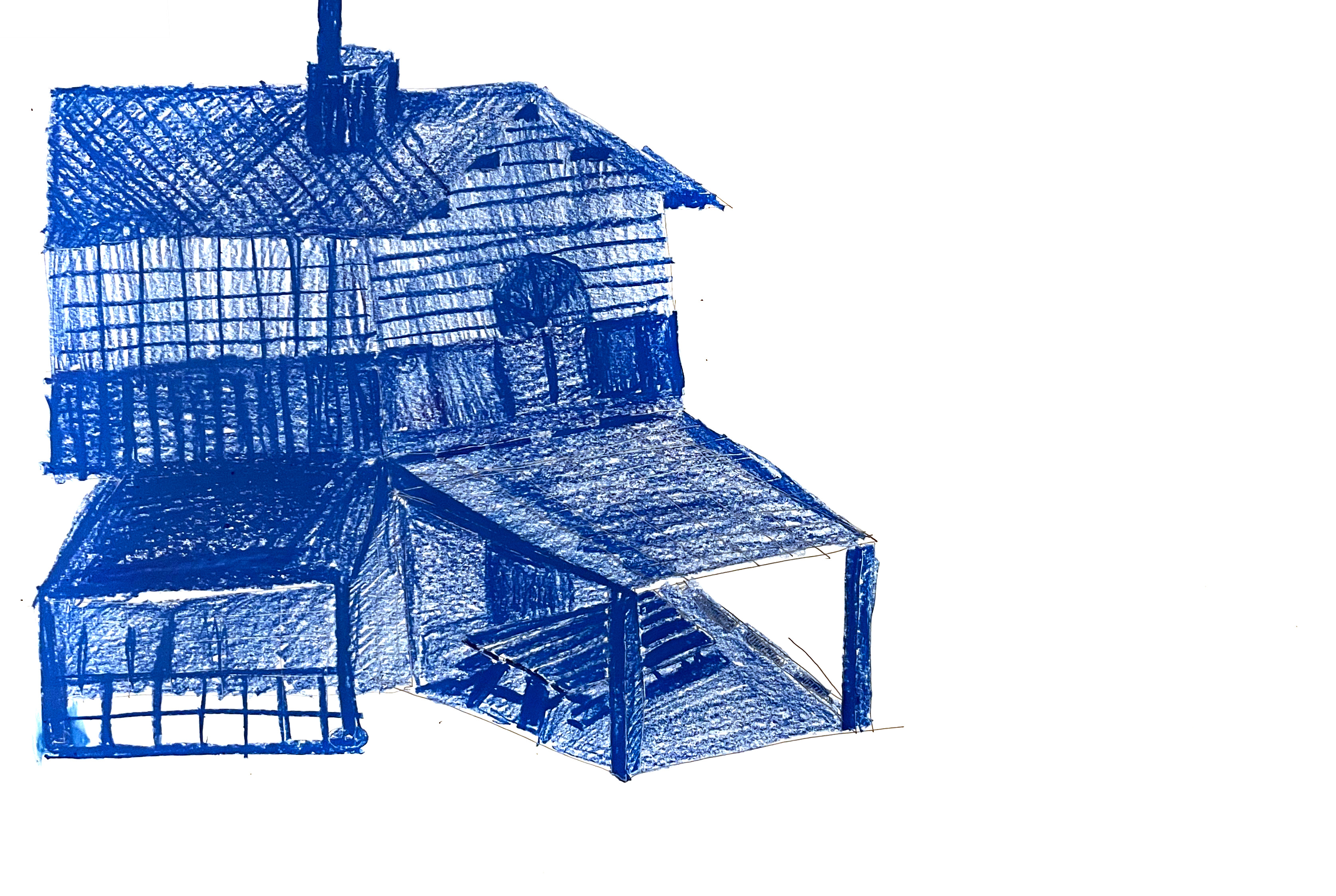 a drawing in blue of a house coming from the left side of the frame, with two porches and a second floor with chimney