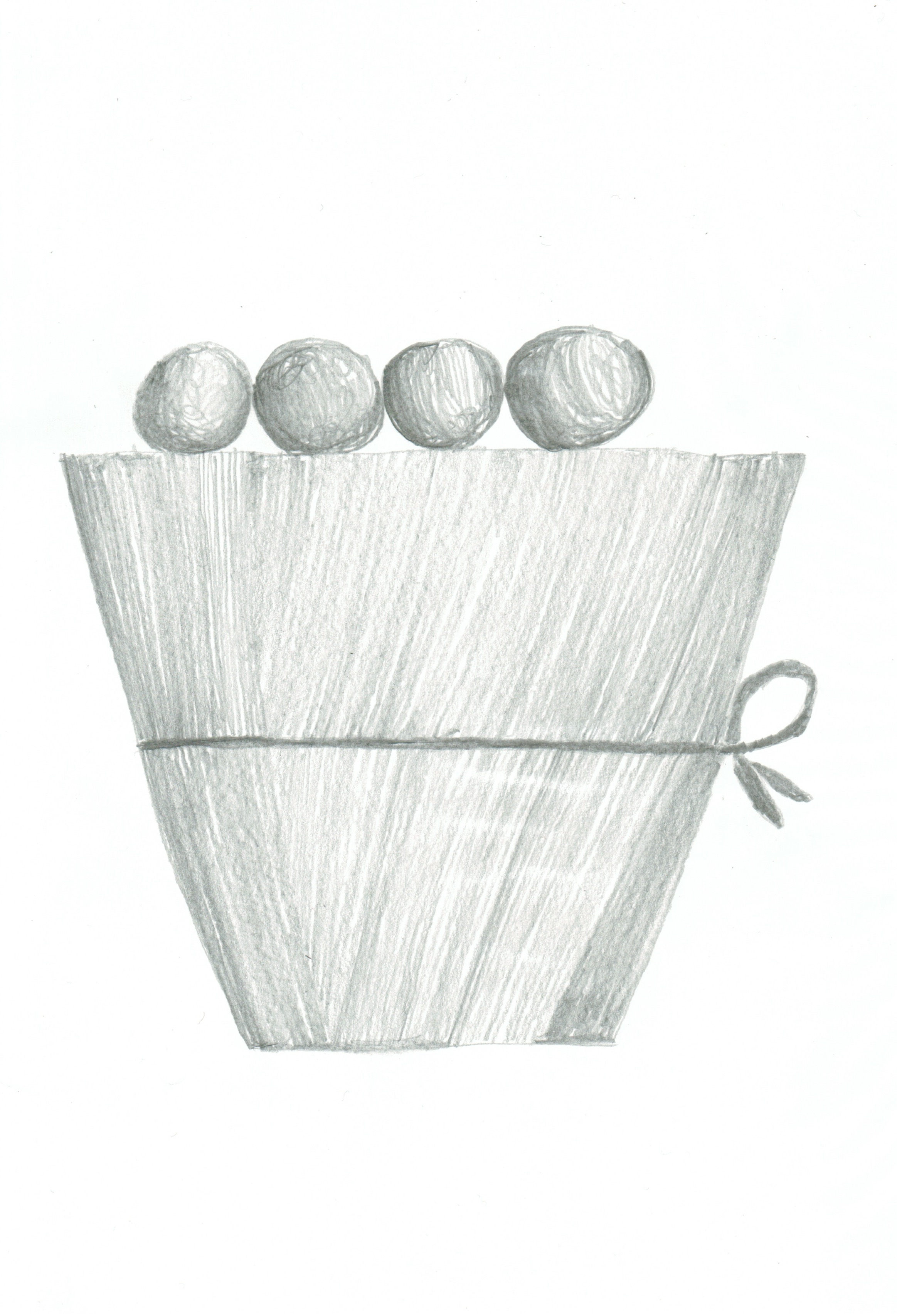 pencil drawing of small pot with rope wrapped around its middle, and four spheres sitting atop