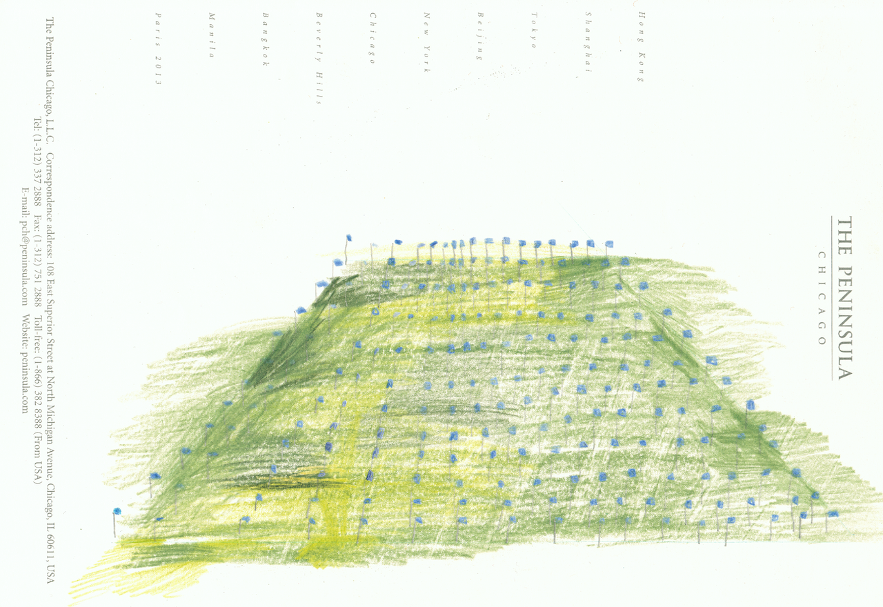 perspectival drawing of grid of blue utility flags on a green patch of field