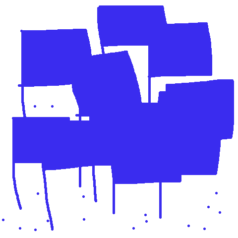 digital drawing of group of small blue flags with dots on the ground