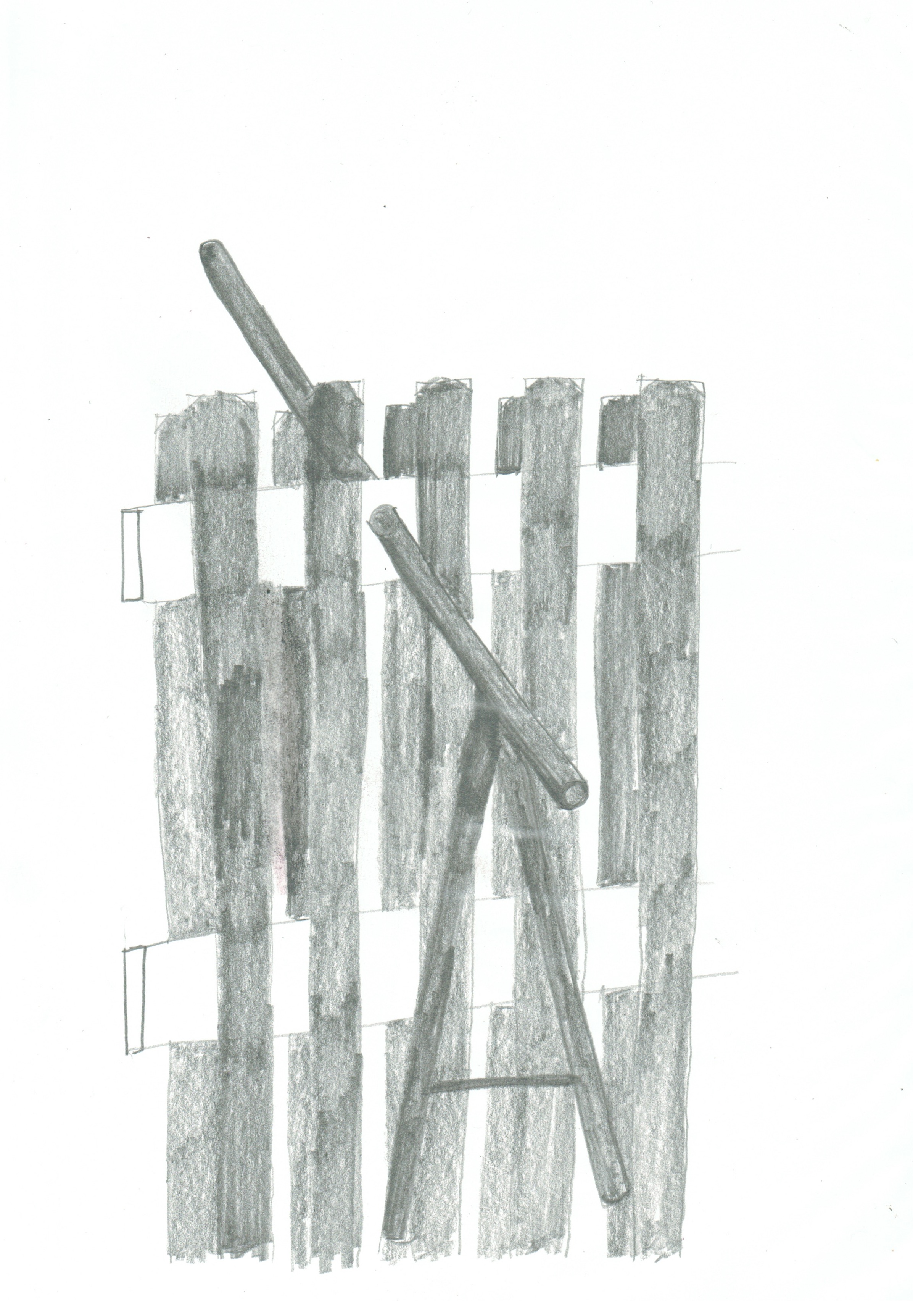 pencil drawing of a fence with a telescope-like device puncturing from one side to the other