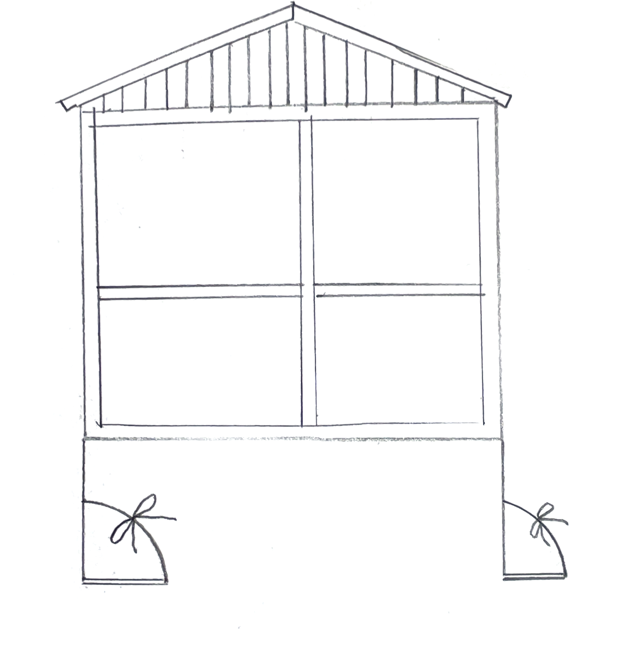 pencil drawing of a window with a roof and two skinny legs with sneakers