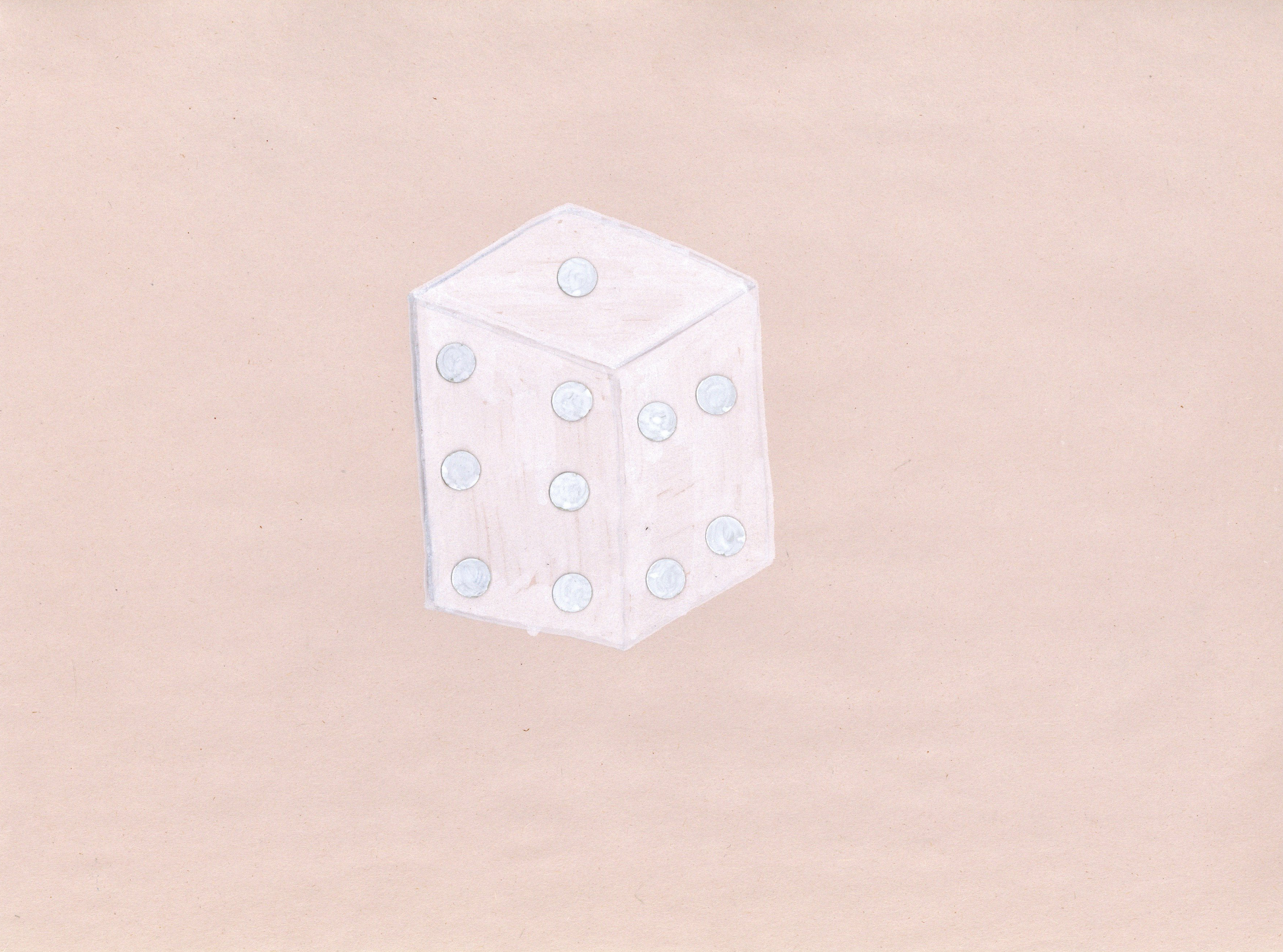 a six-sided die drawn in white on newsprint paper, with circular dots on each side also painted in white