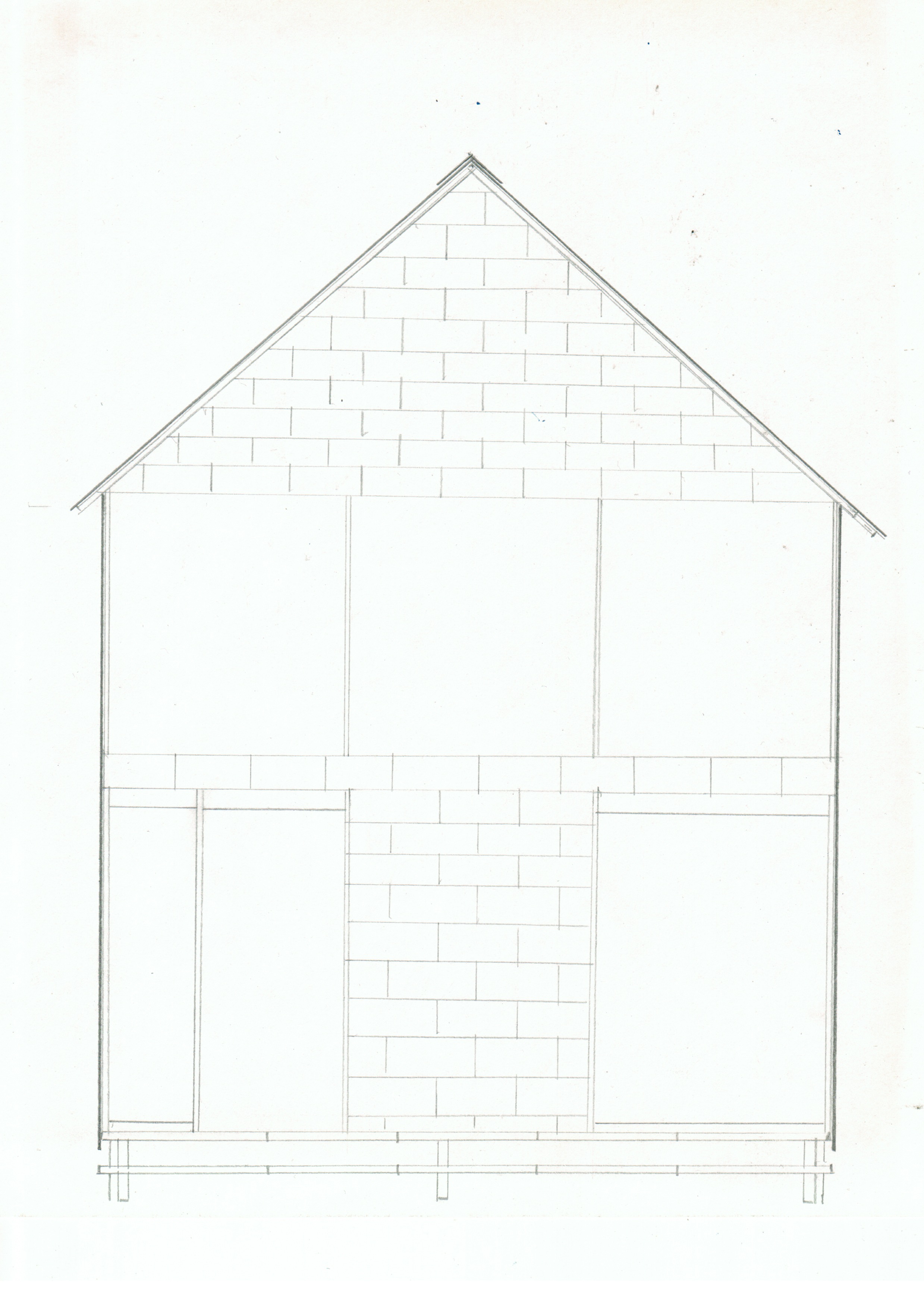 pencil drawing of a house facade, with large windows, huge shingle-pattern, and a pitched roof